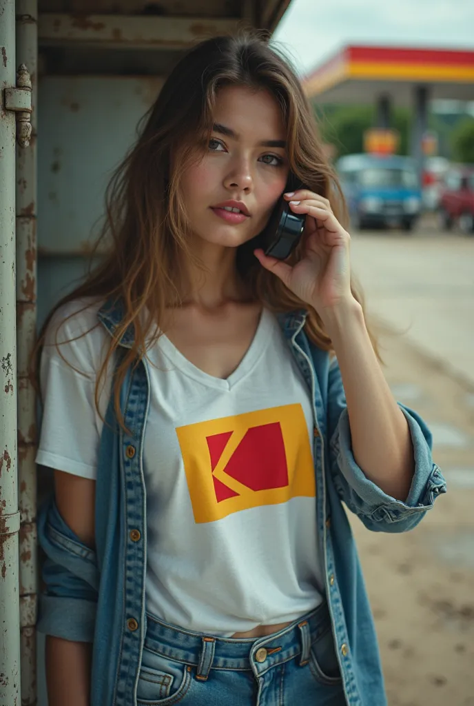 A Thai girl is standing in a public telephone booth, making a phone call. The background is an old gas station from the 90s. She is wearing a white V-neck t-shirt with the Kodak logo in red letters on a rectangular yellow background, and a jeans shirt. She...