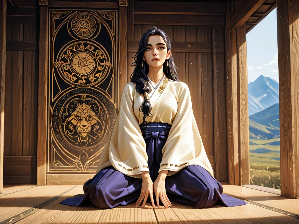 A solo cute japanese woman having a long tied up hair she wearing a samurai hakama she an ex-samurai that defecting to join Genghis Khan , she kneeling down to Genghis Khan

