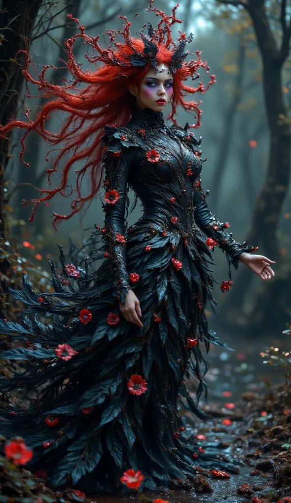 Photorealistic，Ultra high definition，Highest quality，Best Quality，8k，A beautiful dryad with crimson hair entwined with thorny vines and nightshade flowers. She wears a sleek dress of black leaves and deep red petals, flowing like shadows. Wrapped in curlin...