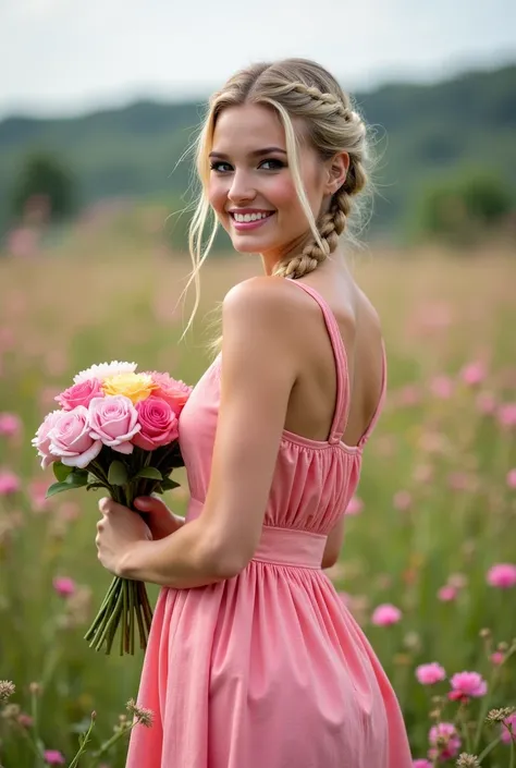  young woman, blonde hair braided in two ponytails, sexy smile, makeup, slim figure, She is wearing a sexy summer pink dress, her arms are outstretched, holding a beautiful bouquet, she is standing in a blooming meadow, photography style UHD NSFW