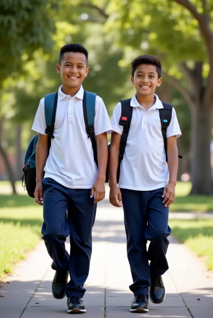 Picture of two ren with smiling faces, one with indigenous features. Both of them about twelve years old walking to their school through a park. Wearing a white shirt with short sleeves and long navy blue pants and black shoes. carrying a bag with his book...