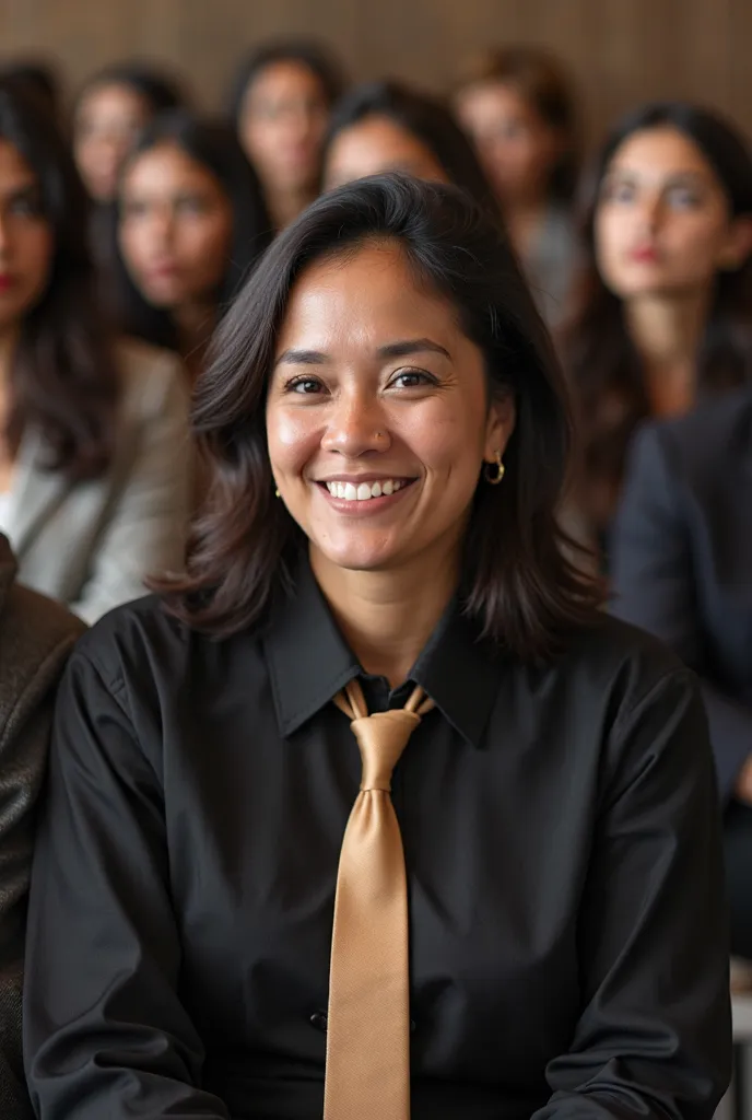 smiling woman in black shirt and tan tie sitting in front of a crowd, a picture by Nándor Katona, instagram, tachisme, fernanda suarez, lorena avarez, alanis guillen, magda torres gurza, karla ortiz, estefania villegas burgos, marischa becker, low quality ...