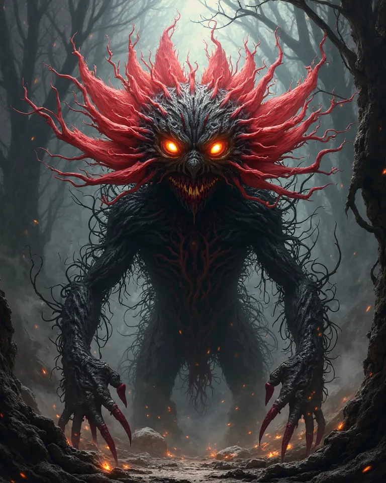 Dark, monstrous creature, (monster:1.5),  (flower-like head:1.3),  (red and black color palette:1.2), (white, glowing aura:1.2),  (large, glowing eyes:1.3), (angry expression:1.2), central figure,  facing viewer,  surrounded by dark, tangled branches/roots...