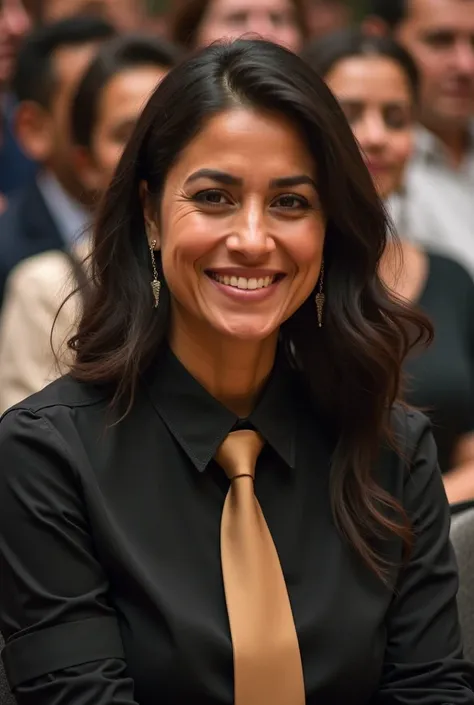 smiling woman in black shirt and tan tie sitting in front of a crowd, fernanda suarez, by Nándor Katona, lorena avarez, alanis guillen, Magda Torres Gurza,  by Amelia Peláez , Karla Ortiz,  Estefania Villegas Burgos , Marischa Becker, Low Quality Photo, ca...