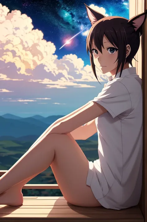 Anime cat-eared girl sitting on a shelf looking at the sky, anime drawings inspired by Makoto Shinkai, trending on pixiv, space art, Makoto Shinkai Cyril Roland, 4K anime wallpapers, anime art wallpaper 8 K, anime art wallpaper 4K, anime wallpaper 4K, anim...