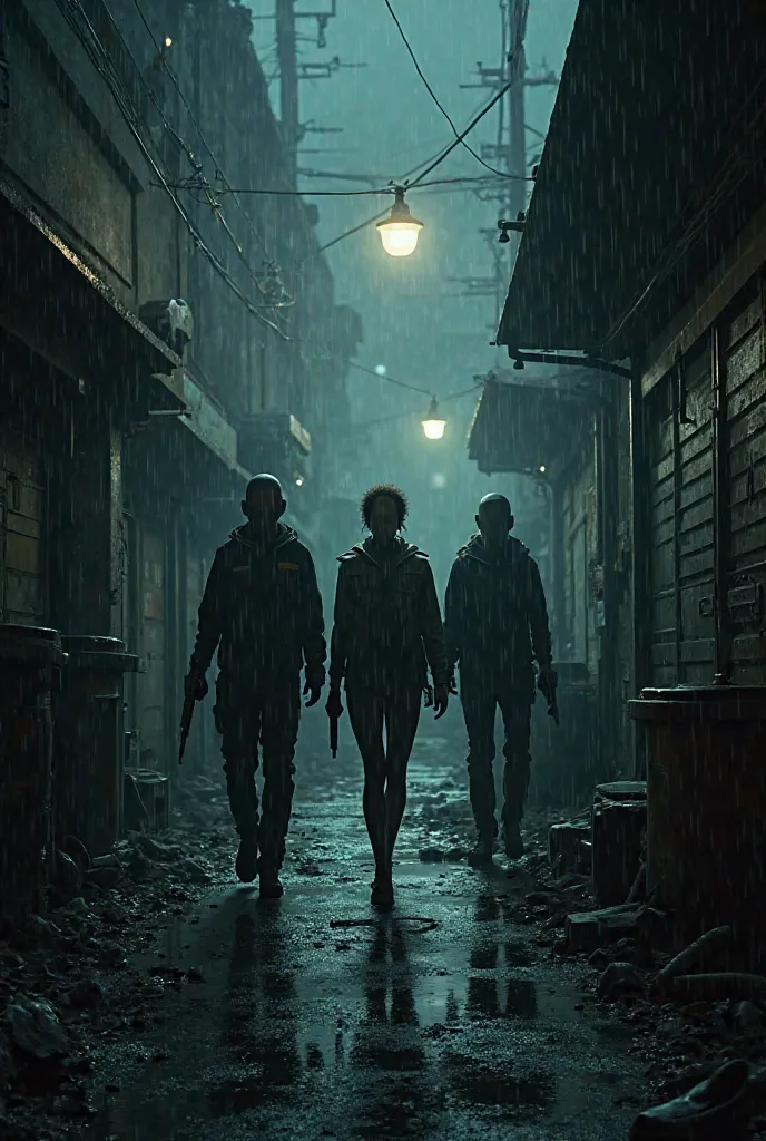 EXT. DARK ALLEY – NIGHT

Rain drizzles. The alley is a maze of dumpsters, broken pipes, and shadows. JASON, JEN, and SAM move cautiously, weapons ready.
