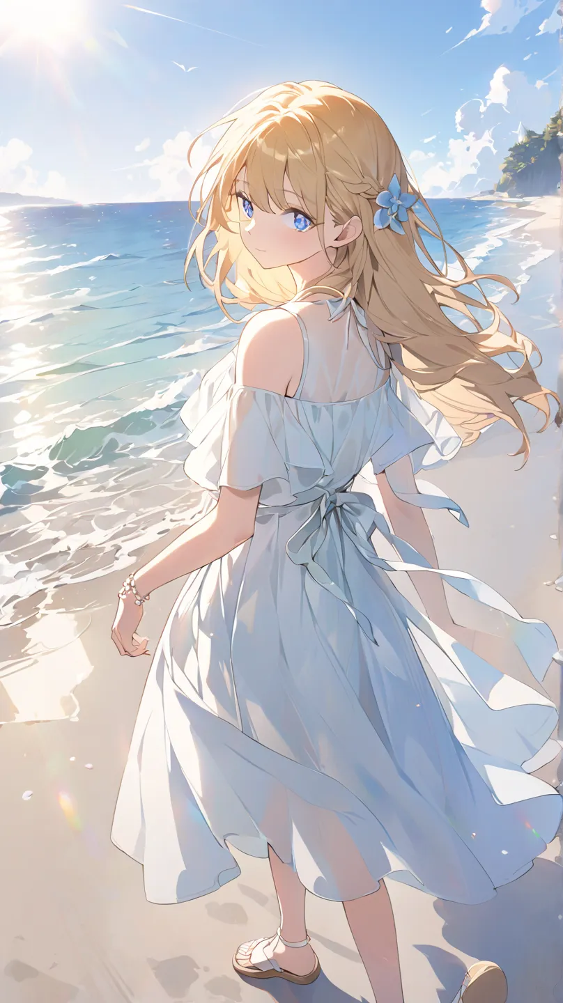 1 girl, strand、 sandy beach、 walks by the waves、Hold sandals in both hands、summer、blue eyes, yellow hair、dutch angle, 