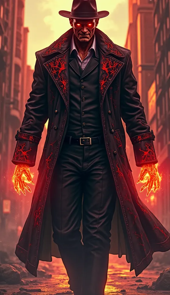 A colossal, terrifying mafia overlord towering at 12 feet, draped in a luxurious but battle-worn black trench coat with glowing red patterns resembling veins of lava. His face is chiseled with scars from countless battles, his eyes burning with an unnatura...