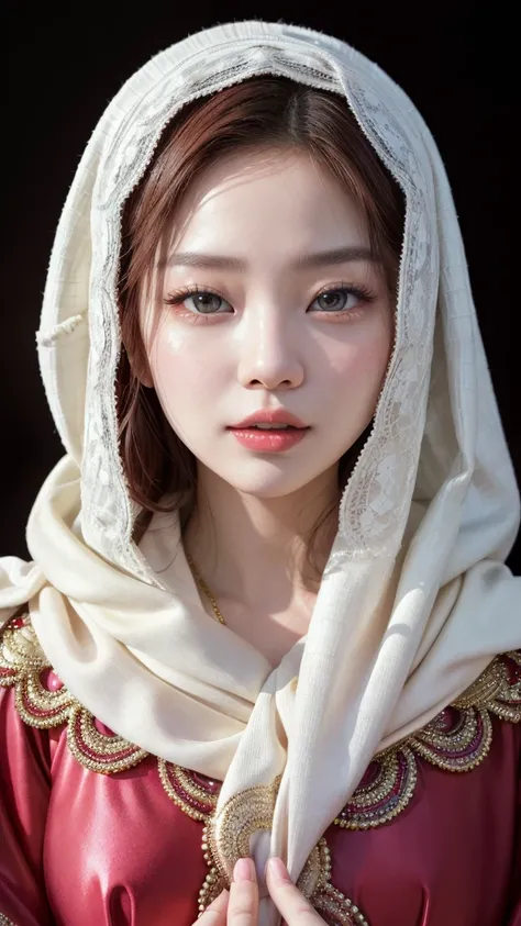 hyper white skin lady, (editorial photograph of a lady like jennie kim face), natural pink lips, (highly detailed face:1.4) (smile:0.7) (hyper bright white skin) brown hair color, (happy), (wearing elegant shiny dark red kaftan with dark red hijab set) , (...