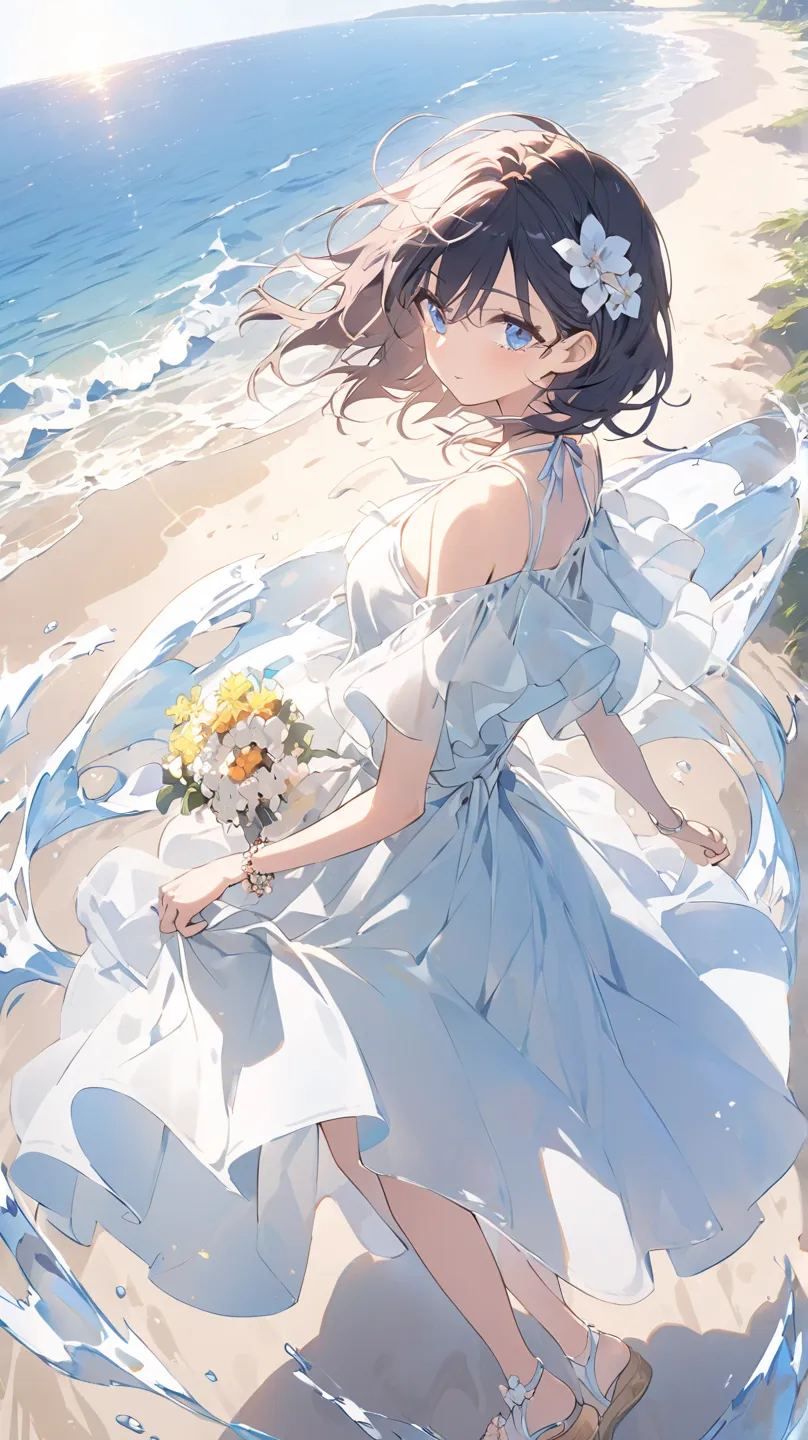 1 girl, strand、 sandy beach、 walks by the waves、Hold sandals in both hands、summer、blue eyes,  black hair、dutch angle, 