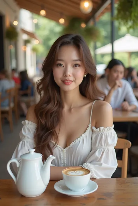 A photo-realistic shoot from a portrait camera angle about a young woman sitting at a table in a cozy outdoor cafe, with a cup of coffee in front of her. the image also shows a serene atmosphere with a warm color palette and soft lighting. on the middle of...