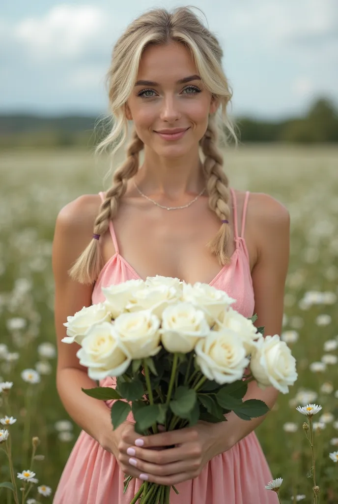  young woman, blonde hair braided in two ponytails, sexy smile, makeup, slim figure, She is wearing a sexy summer pink dress, her arms are outstretched, holding a beautiful bouquet white roses,she is standing in a blooming meadow, photography style UHD NSF...