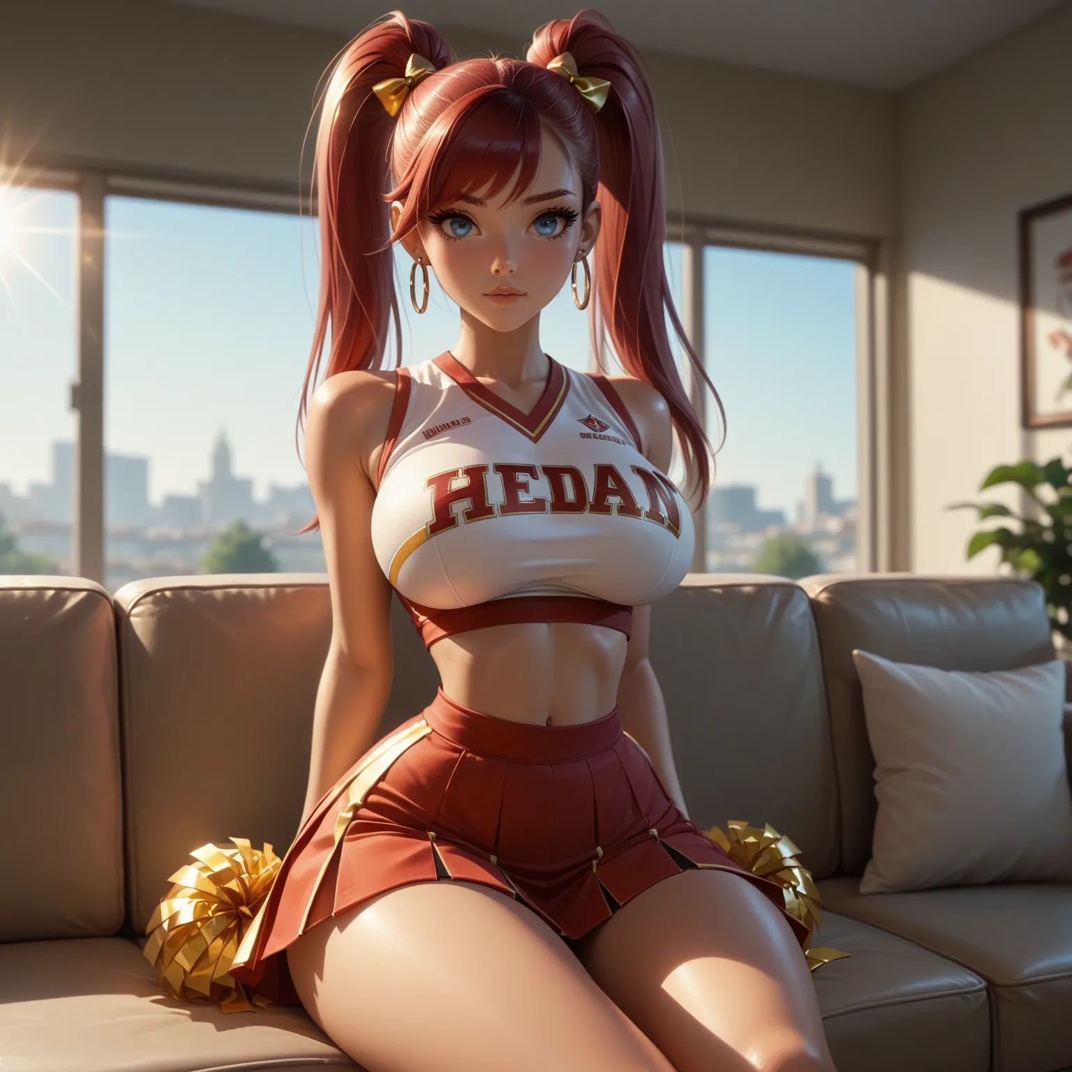 Beautiful Young girl, pale, Babyface, adorable, shiny cheerleader outfit, large breasts, thin waist, wide hips, skinny, sitting on couch, long red hair, pigtails, glistening skin, thick eyelashes, large bow in hair, window in background, hoop earrings, god...