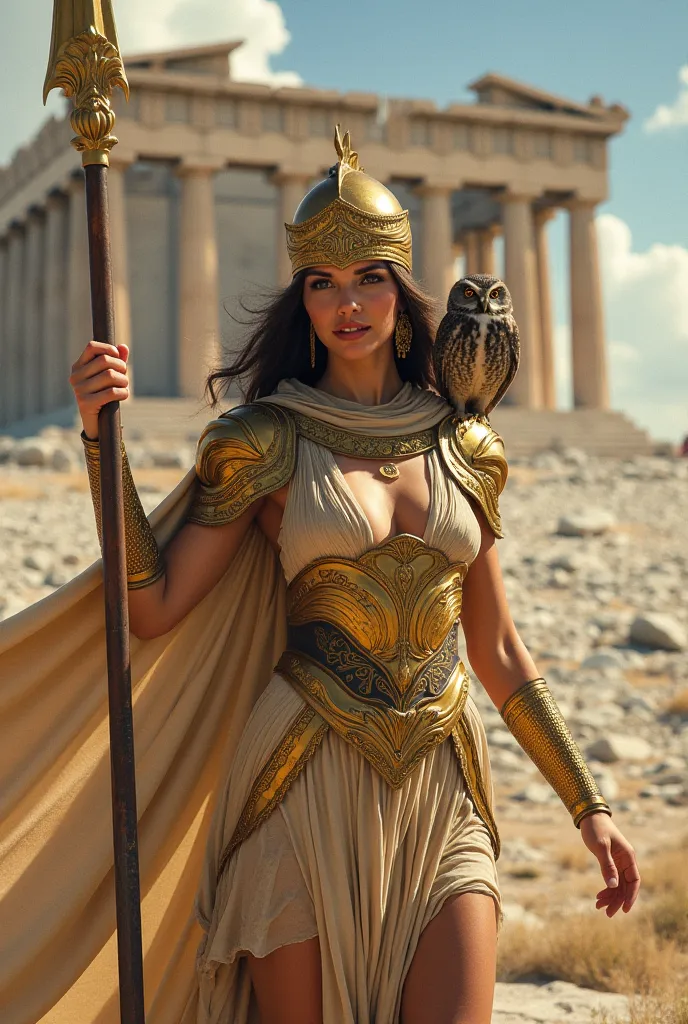 A graceful yet imposing goddess with a sharp gaze, wearing golden armor and a finely crafted helmet. She holds a long spear in her hand, and a wise owl sits on her shoulder. Her flowing cape billows in the wind as the Parthenon looms behind her