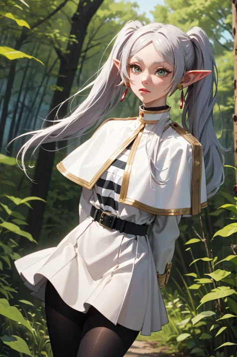 masterpiece, best quality, absurdres, 1girl, solo, FrierenBase, long hair, twintails, earrings, white capelet, striped shirt, horizontal stripes, long sleeves, belt, white skirt, gold-trim, black pantyhose, arms behind back, outdoors, forest, 