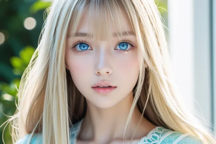 A beautiful girl with super long blond hair and extremely bright light blue eyes that stand out is taking pictures, Gorgeous young age model ,  portrait of Sophie Mudd , Beautiful girl model,  cute beautiful girl , とてもBeautiful youngい女の子,  showing off her ...