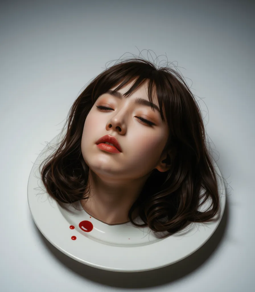   place the head of a decapitated woman , Asia,  Less blood stains   , (( with eyes closed)),   like a dish on a plate  , Bloody,  actual , 4K, Nikon, fear