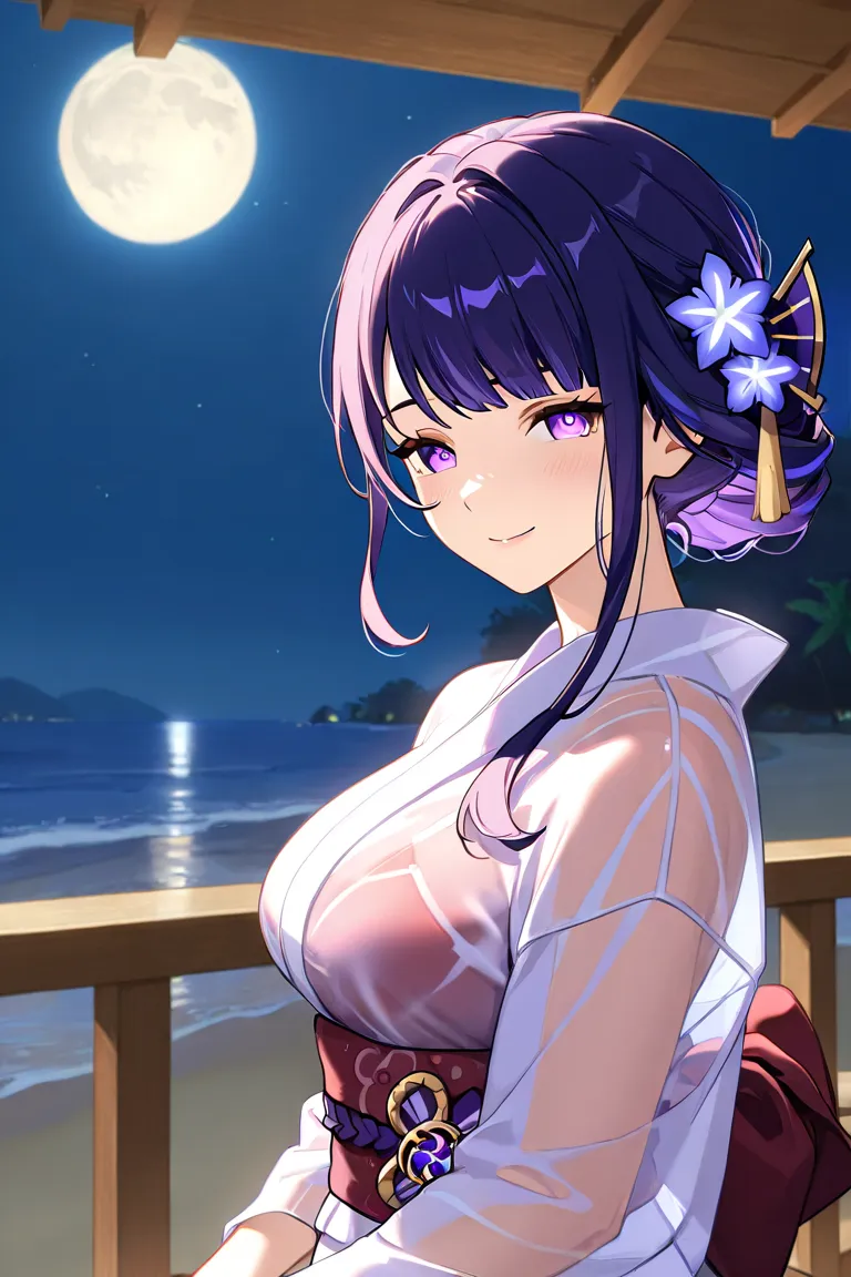 1 girl, Translucent fabric, beach, summer, smile on face, wife ,   smile on her face, 1 girl , purple eyes, yukata miko, red yukata , yukata, night,moon🌙, genshin impact, raiden Shogun , Adult woman, wife, Different hairstyles, Beautiful hairstyles,