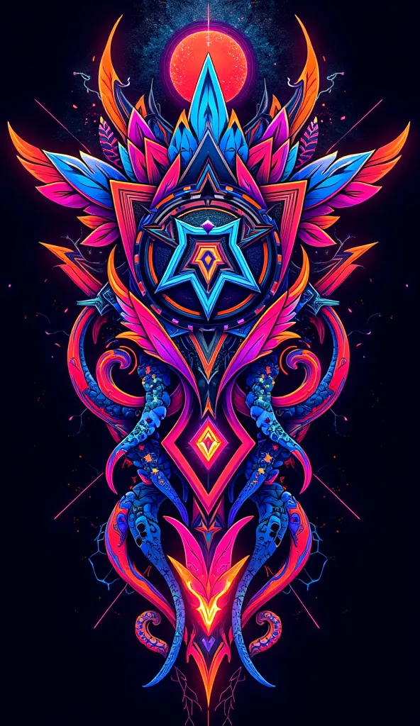 A vibrant, neon-infused tattoo design featuring intricate geometric patterns. The style is biomechanical, blending organic shapes with sharp, angular lines.  The primary color palette consists of electric blue, pulsating pink, and fiery orange neon hues, c...