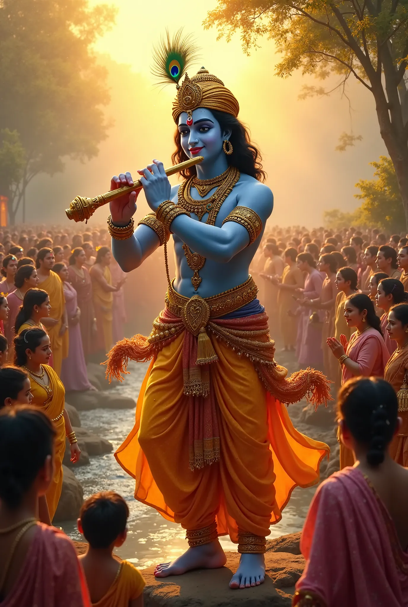 Here’s a highly detailed image prompt for generating the scene you want:

Prompt:
"A highly realistic, cinematic 4K image of Lord Shree Krishna with radiant blue skin, walking gracefully while playing the flute. His divine presence exudes serenity and powe...