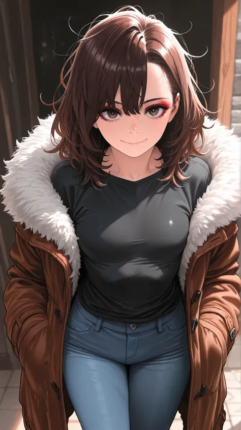 Masterpiece, detailed, high resolution illustration, Horikoshi kouhei, 1 girl, solo, aged up, brown hair, medium hair, asymmetrical bangs, messy hair, eyelashes, red eyeshadow, small breasts, shiny skin, thick thights, fur trimmed coat, black shirt, jeans,...