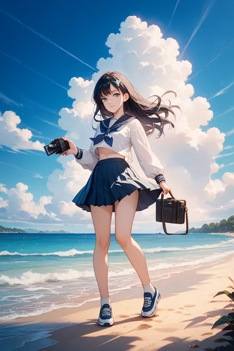 Anime-style illustration, oil painting style, holding a camera at the beach at dusk, front, full body, very beautiful woman, high school girl, backlit, long beautiful black hair shining, sparkling water surface. The girl is wearing a sailor-style short-sle...