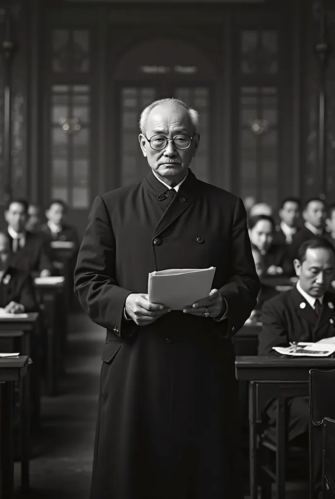 A black and white photo from a film of Vietnam's president Ho Chi Minh standing during the conference, is reading a brochure. man, looks over 60 years old, is standing in the middle of the picture, wearing a long coat and wearing glasses, and it looks like...