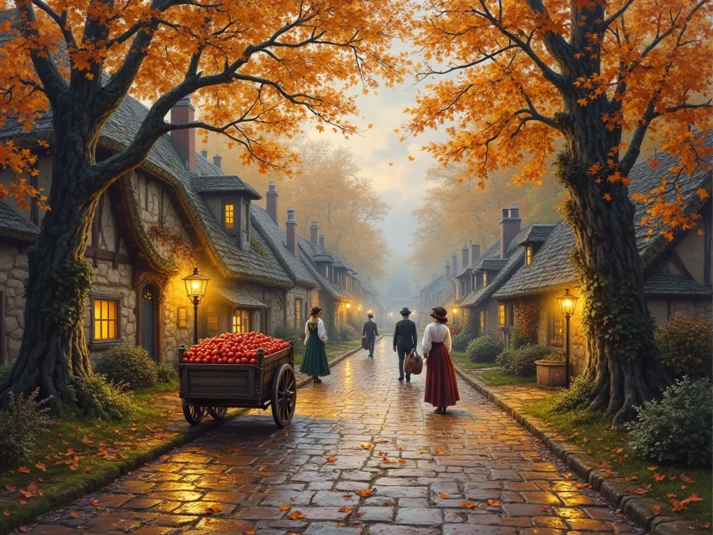 A picturesque autumn village scene in the style of an oil painting, featuring a charming cobblestone street lined with old stone cottages with thatched roofs. The golden-orange leaves of towering trees frame the scene, creating a warm and nostalgic atmosph...