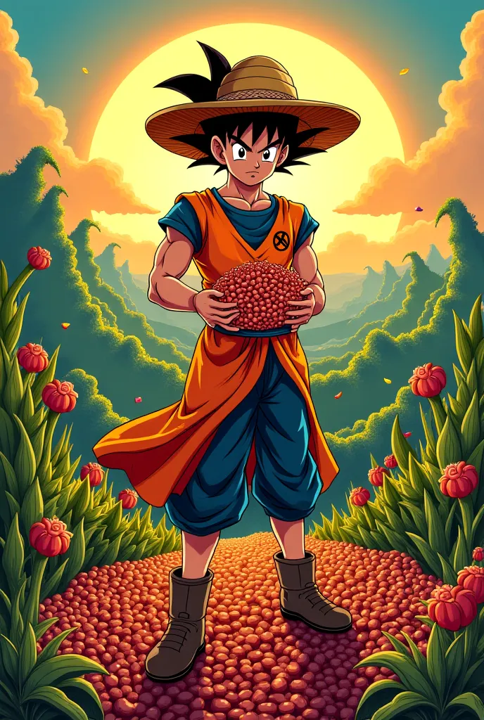 You can generate an advertising poster of Paraguayan origin with a touch of dragon ball on Paraguayan beans since they are similar to the seeds of the hermit.