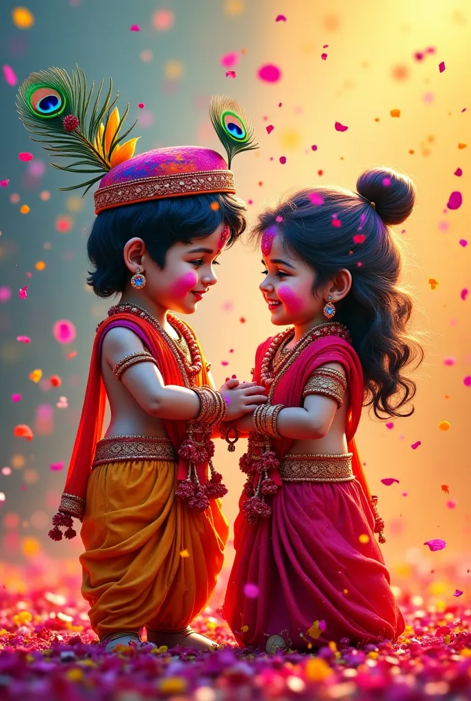 AI Image Generation Prompt:

"Create a beautiful and vibrant image of little Radha and Krishna celebrating the Holi festival. They are joyfully playing with colors, their faces covered in bright gulaal. Krishna is wearing a festive pagri adorned with a pea...