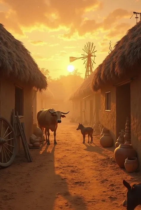 "A stunningly realistic rural village at sunset, featuring traditional mud houses with thatched roofs, a wooden cartwheel leaning against a wall, and a peaceful atmosphere. A cow stands near a hut, and a dog roams the dusty pathway. The warm golden sunligh...