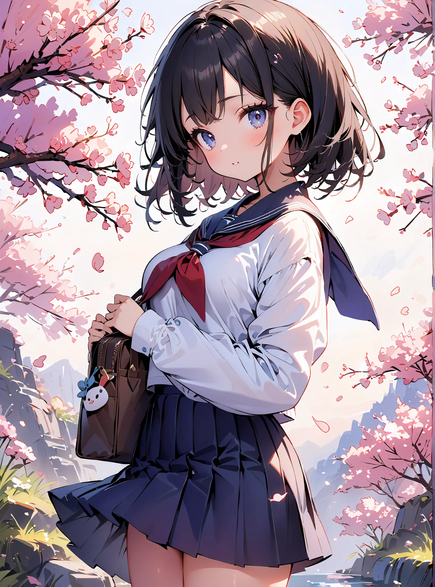 1 Girl, cute, (((masterpiece))), many decorations, high quality, high quality, (((extremely detailed))), 8k, background design,cherry blossom,petals,spring,(((background Design))),kirakira,(((cowboy shot))),spring,school uniform,long sleeve,black hair,
