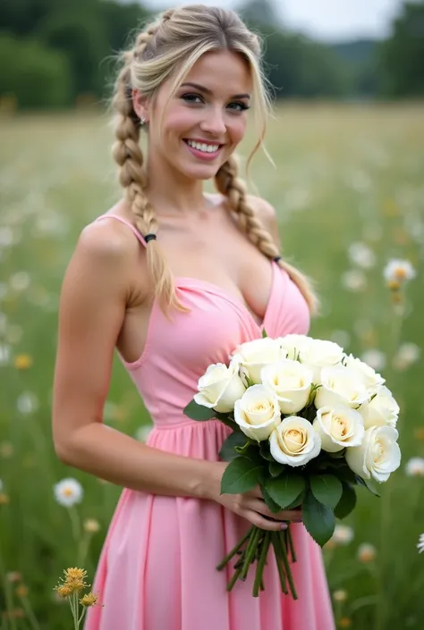  young woman, blonde hair braided in two ponytails, sexy smile, makeup, slim figure, She is wearing a sexy summer pink dress, her hand is outstretched, holding a beautiful bouquet of white roses, she is standing in a blooming meadow, photography style UHD ...