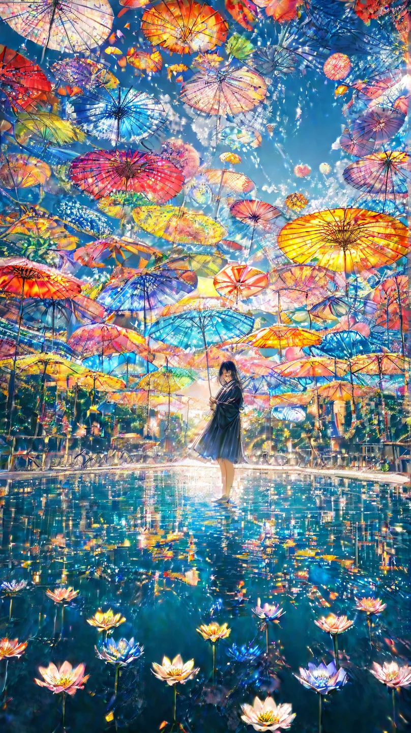 masterpiece,highest quality,Super Detail,8k,girl standing on water　black hair semi-long hair　white dress　rainbow　blue sky　colorful　 lots of umbrellas 