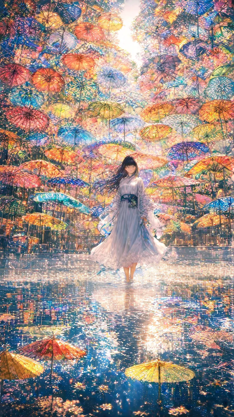 masterpiece,highest quality,Super Detail,8k,girl standing on water　black hair semi-long hair　white dress　rainbow　blue sky　colorful　 lots of umbrellas 