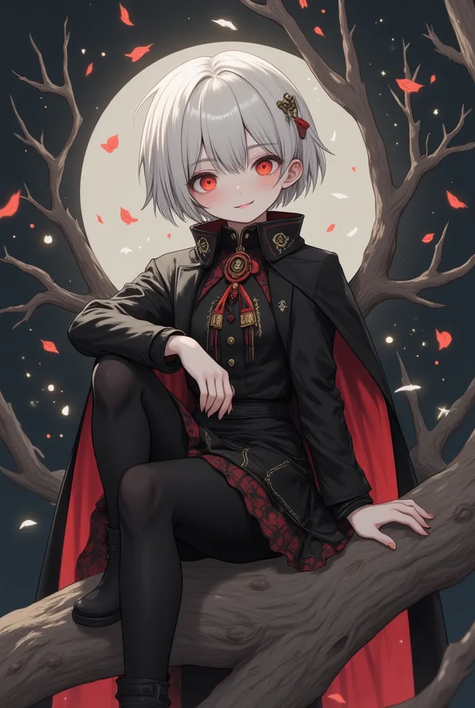 tailored to perfection. The black garments complement his sharp features and confident posture, adding to his air of mystery and grace. masterpiece. 4k. 3D. Red eye. cartoon. Japan cartoon
short hair. dark background. short and good hair, white hair. a moo...