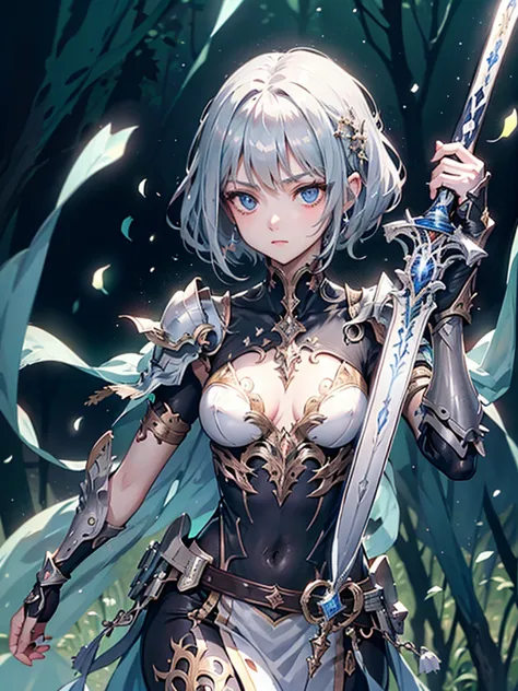 (fantasy art),( MASTERPIECE),( anime style),high quality,(Completely-Wide),(perfect finger),((1 girl)),((Alone)),(small breasts),slim body, Silver Shorthair ,((Holding a shining sword in his hand)), beautiful detailed blue eyes ,Beautifully detailed white ...