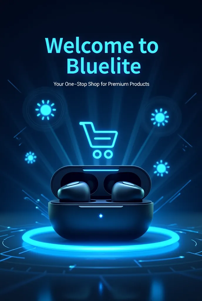 "A modern and stylish e-commerce banner for an online store named 'Bluelite.' The design features a sleek, futuristic aesthetic with a glowing blue theme. High-quality images of wireless earbuds are subtly integrated into the background, enhancing the tech...