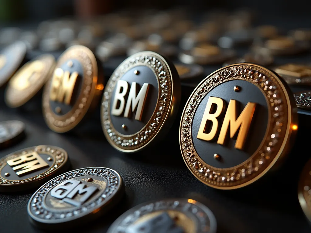 série de badges avec inscription BM, bronze, argent, or et diamants, photorealistic, 8K, ultra-detailed, studio lighting, sharp focus, physically-based rendering, professional, vivid colors, HDR, badges with BM logo, bronze, silver, gold and diamond accent...