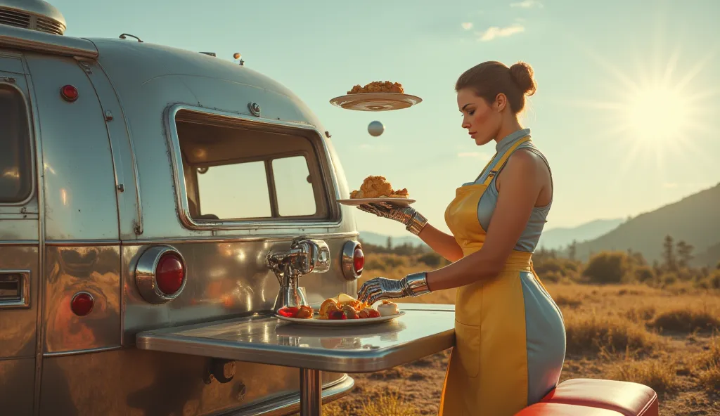 A beautiful woman in a vintage-style apron and futuristic high-tech gloves prepares breakfast outside her sleek, metallic camper. The food floats mid-air as robotic arms assist her, and the retro diner-style table shines under the morning glow of a distant...