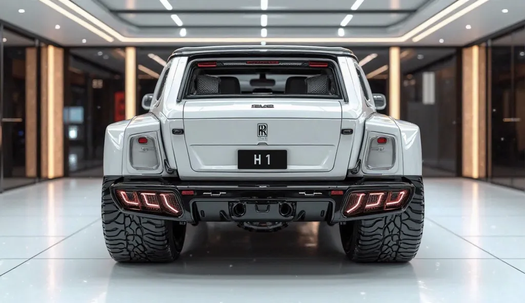 create an ultra-detailed 3D render (full rear view open doors view), of a model  (2025 hummer H1)with a bold design captured from (full rear view open doors view). The car should feature a '(Gleamy white)' color with a ' (Hummer H1) ' logo on its (rear), a...