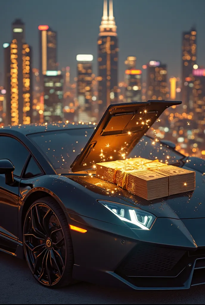 "A futuristic skyline at nigA close-up of a billionaire’s hand, wearing an ultra-luxury watch, gripping a briefcase overflowing with hundred-dollar bills—hyper-detailed, photorealistic, dramatic lighting, cinematic depth."ht, illuminated by golden city lig...