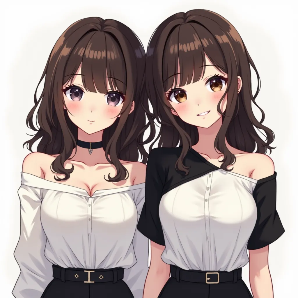 Create an anime-style illustration of two beautiful twin sisters, both 25 years old, with fair skin and dark brown, semi-wavy hair that falls past their shoulders. Their bangs are styled to one side with a fashionable upward lift—one twin has her bangs swe...