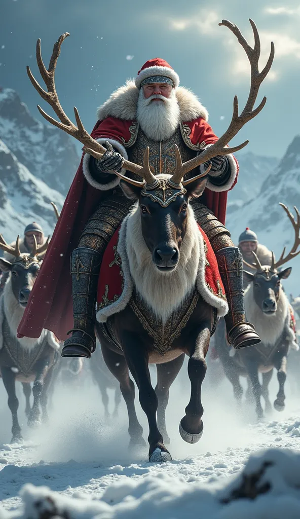 Santa dressed as a medieval warlord, leading a cavalry of armored reindeer through a snowy battlefield, delivering magical gifts while warding off dark winter spirits.