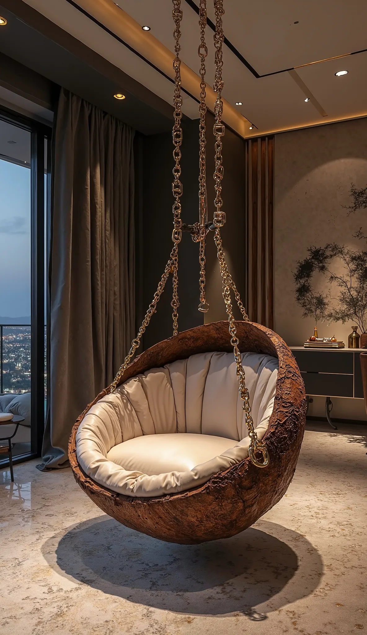 A fourth luxurious and artistic swing hanging inside a high-end modern room. The seating area of the swing is shaped like a broken coconut shell, providing a unique and comfortable space to sit inside. The swing is suspended by elegant golden chains instea...