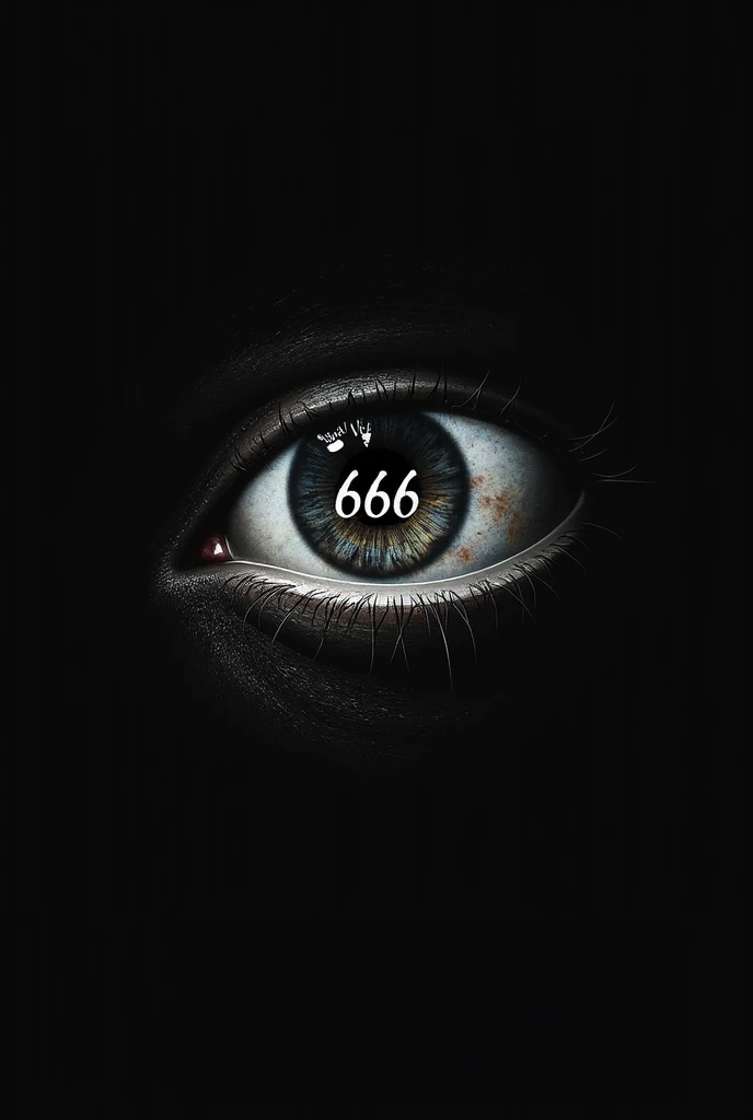 Image with a black background and an eye with 666 written in the middle 