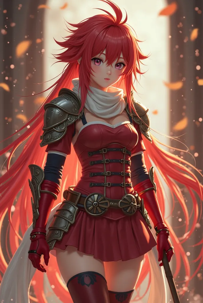 masterpiece, best quality, 8K RAW photo, film grain, bokeh, hinoka, red hair, spiky hair, extremely long calf length hair, short dress, white scarf, shoulder armor, bracers, garter belt, thigh high boots, red gloves