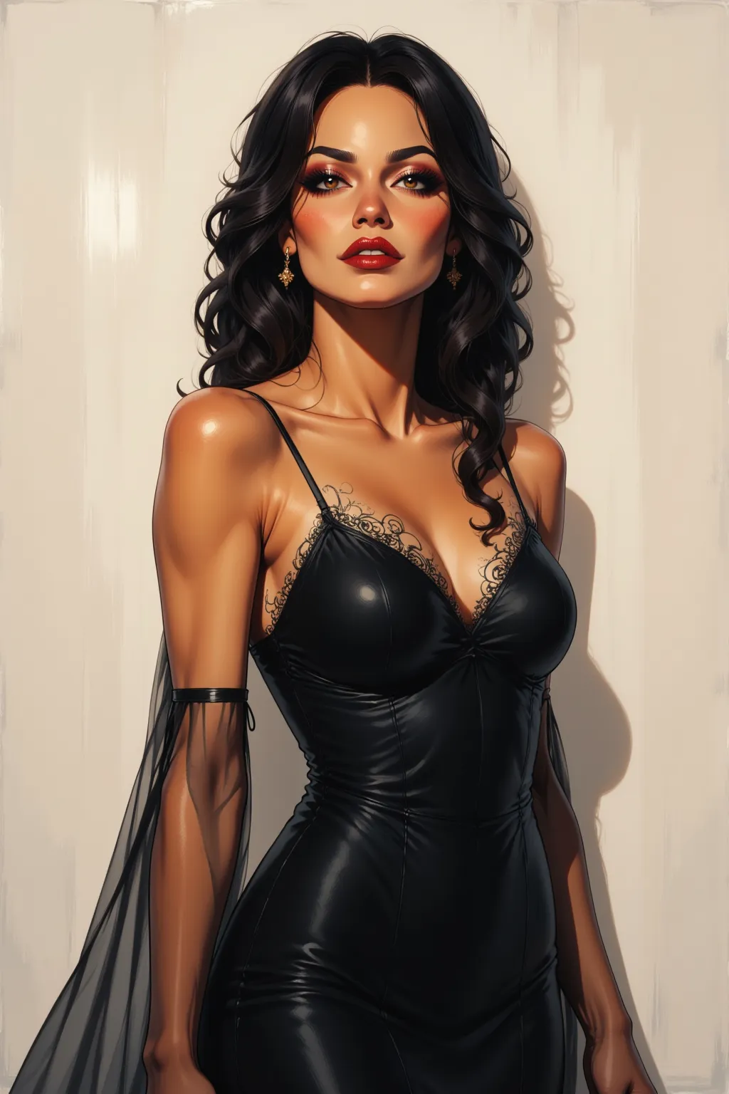 Arabian female wearing black cocktail dress. brush stroke art style