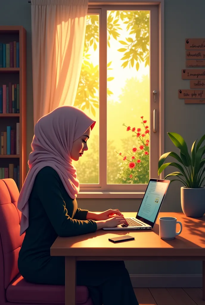 A beautiful woman wearing a hijab is working in front of a laptop, laptop is on the table by the window, outside the window very natural and aesthetic full of flowers and trees, the glow of the warm morning sun and a bright one enters through the window sl...