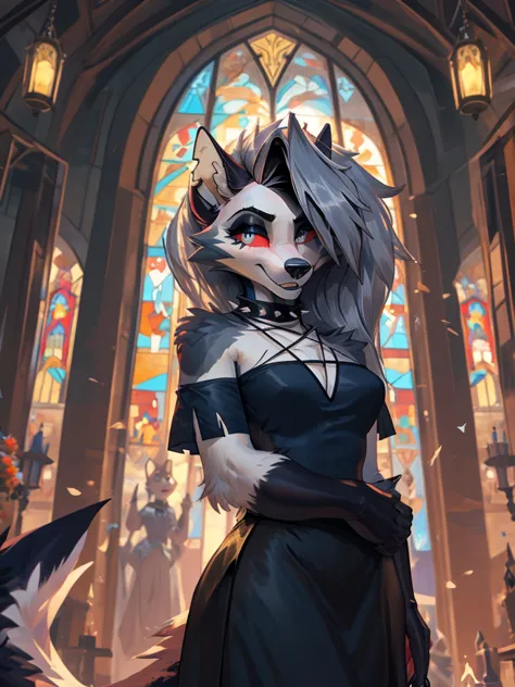 Loona from Helluva Boss, Hellhound, in the image of a Gothic queen in a black lace dress with a high cut and spikes on the shoulders, in a dark castle with stained glass windows and moonlight (((cartoon style, high quality, highly detailed, vibrant colors)...